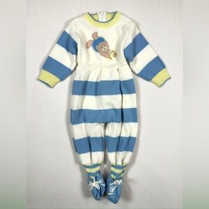 VINTAGE RAMCREST Baby Knit Footed Sweater Romper  3/6M Teddy‎ Bear Cozy Classic